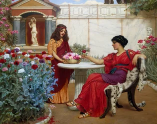 «Valget.» En borgerlig kvinne i antikkens Roma, sittende på en stol dekket med dyreskinn, velger en blomst blant de som tilbys henne av en tjener. Maleri av John William Godward (1861–1922) 1907 Privat samling.