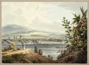 Hudson River Bridge nær Waterford, New York, 1832 (akvarell, gouache, selektiv glass, grafitt og utskraping på papir lagt på kort)