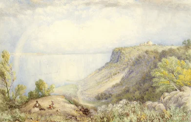 Utsikt over Hudson River fra Palisades, New York, med Rainbow, 1873 Akvarell, grafitt og innslag av gouache på papir, lagt på kort