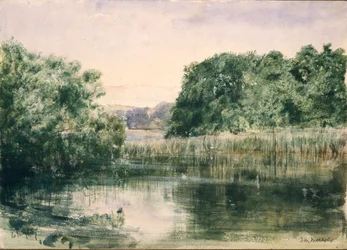 Utsikt over en innsjø med trær, 1857