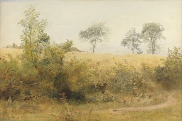 The Bat Begins with Giddy Wing - Barley Field Over the Hedge, 1885 (wc og blyant med utskraping på papir)