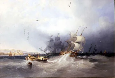 En nederlandsk brigg på havnen og annen frakt utenfor en østkysthavn