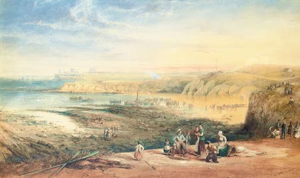 Cullercoats ser mot Tynemouth, Northumberland, med fiskere i forgrunnen, 1836