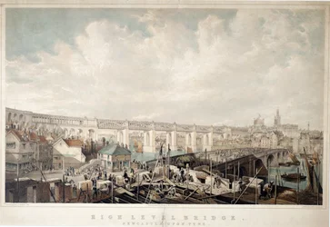 High Level Bridge, Newcastle upon Tyne, gravert av George Hawkins (1819-52) (håndfarget lito)