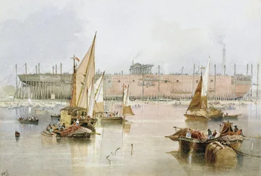 Det transatlantiske ruteskipet «Great Eastern» i 1857, før byggingen var fullført, ved Millwall ved Themsen (England)