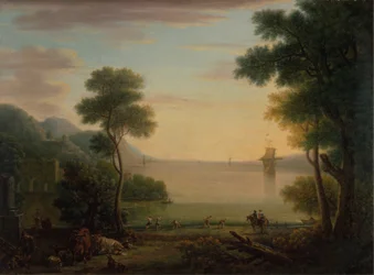 Klassisk landskap med figurer og dyr: solnedgang