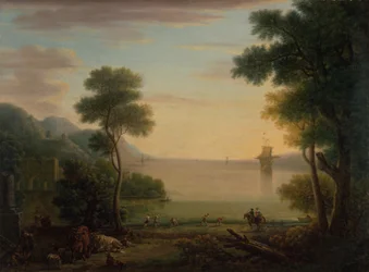 Klassisk landskap med figurer og dyr: Solnedgang