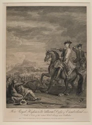H.R.H. William (1721-65) hertug av Cumberland med utsikt over den styrtede hæren nær Culloden, 1746, utgitt av B. Baron, 1747