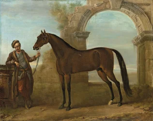 Godolphin Arabien, holdt av en brudgom, i et landskap med en ødelagt bue, 1731