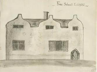 Lichfield - Grammar School: sepia wash drawing, nd [1784] (tegning)
