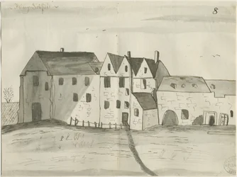 Lichfield - Greyfriars: penn og vask tegning, nd [1784] (tegning)