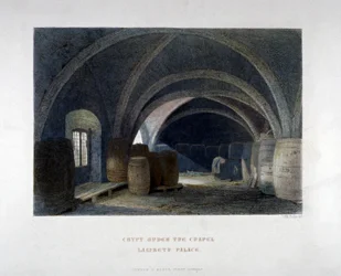 Krypt fylt med fat under kapellet ved Lambeth Palace, London, 1851.