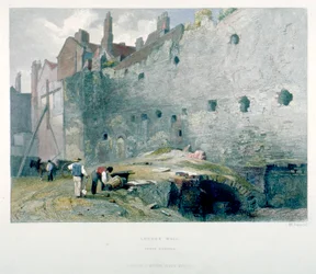 Utsikt over Tower Postern og London-muren med menn som graver, City of London, 1851