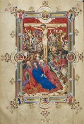 Korsfestelsen, introduserer messekanonen Kristus på korset, flankert av tyver, besvimende jomfru støttet av kvinner og St. Johannes, Magdalena ved foten av korset. Mengde av monterte tilskuere i moderne kjole, inkludert Longinus, med engler over