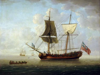 En britisk brigantin, med det røde flagget og Union Jack, utenfor kysten i et rolig hav. Olje på lerret