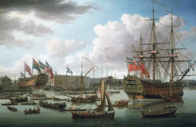 «Royal George» i Deptford (England) under sjøsettingen av «Cambridge» 21. oktober