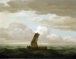 Mannskapet på Galerie #39;Luxborough#39;, kapteinen og 21 menn, i en livbåt. Oljemaleri, ca. 1727, av John Cleveley (1712–1777).