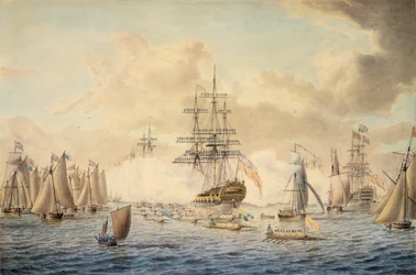 Georg III gjennomgår flåten ved Spithead, 22. juni 1773, med en avbildning av HMS #39;Royal Oak#39;