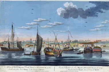 Utsikt over de kongelige havnene i Woolwich, på venstre bredd av Themsen (England), i County Kent. Fargeretsning av John Clevely den yngre (1747–1786)