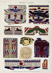 Illustrasjoner av malte design fra mumienes innpakning, Hypogees, Theben, plate 58 fra Vol II av `Descriptions of Egypt`, gravert av Willemin, 1822 (akvatint)