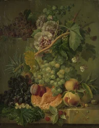 Stilleben med blomster og frukt