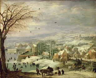 Landsbylandskap om vinteren, ca. 1615-20 (olje på kobber