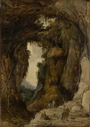 Landskap med grotte og en rytter, ca. 1616 (olje på panel)
