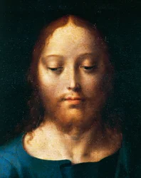 Kristi ansikt, Nattverden, detalj av alteret for avsetningen, detalj fra kirken til Friars Minor i Genova, Italia. ca. 1520