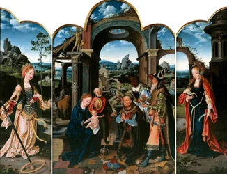St. Katarina (venstre); De vise menns tilbedelse (midt); St. Barbara (høyre) De vise menns tilbedelse med Sigismund I av Polen