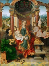 Tidlig nederlandsk kunst: Madonnaen og barnet med den hellige Josef (vinget alter, sentralpanel) av Cleve, Joos van (ca. 1485-1540), ca. 1530. Olje på tre, 94,5x70. Kunsthistorisk museum, Vienne