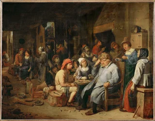 Et selskap med bønder i en taverna (maleri på eik)