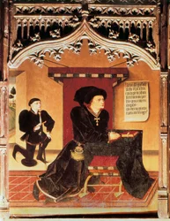 Portrett av Inigo Lopez de Mendoza, markis av SANTILLANA (1398-1458), spansk lyrisk poet. Samling av de spanske hertugene. Maleri av Jorge INGLES (1400-tallet)