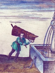 En lærling henter vann fra en fontene, 1598 håndfarget kobbergraveringsdetalj av 324184