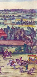 Courtiers og jakthunder som ledsager ankomsten av dronning Elizabeth I til Nonsuch Palace, 1598 håndfarget kobbergraveringsdetalj av 324184
