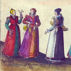 Engelske kvinner fra Elizabethan-tiden, 1598 (håndfarget kobbergravering)