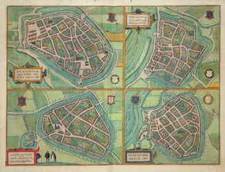 Kart over Arnhem, Velmo, Gelre og Ruerm, fra «Civitates Orbis Terrarum» av Georg Braun (1541-1622) og Frans Hogenberg (1535-90), ca. 1572-1617