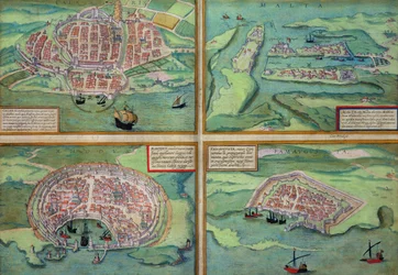 Kart over Calais, Malta, Rhodos og Famagusta, fra "Cities of the World" av Georg Braun (1541-1622) og Frans Hogenberg (1535-90), ca. 1572