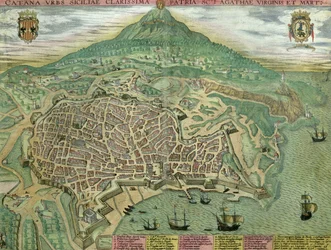 Kart over Catania, fra «Civitates Orbis Terrarum» av Georg Braun (1541-1622) og Frans Hogenberg (1535-90), ca. 1572