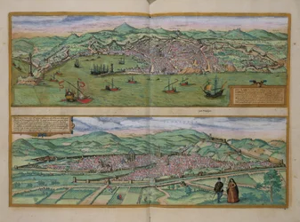 Kart over Genova og Firenze, fra «Civitates Orbis Terrarum» av Georg Braun (1541-1622) og Frans Hogenberg (1535-90), ca. 1572