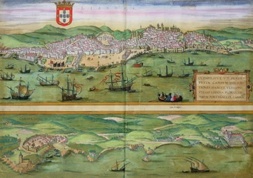 Kart over Lisboa og Cascais, fra «Civitates Orbis Terrarum» av Georg Braun (1541-1622) og Frans Hogenberg (1535-90), ca. 1572