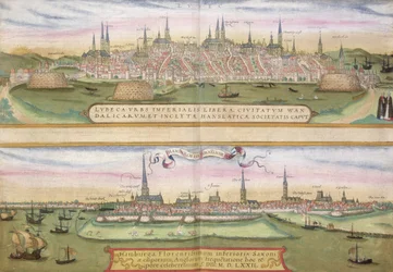 Kart over Lübeck og Hamburg, fra «Civitates Orbis Terrarum» av Georg Braun (1541-1622) og Frans Hogenberg (1535-90), ca. 1572