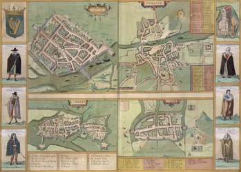 Kart over Galway, Dublin, Limerick og Cork, fra «Civitates Orbis Terrarum» av Georg Braun (1541-1622) og Frans Hogenberg (1535-90), ca. 1573