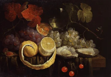 Stilleben av frukt og østers. Maleri av Joris van Son (1623–1667). Privat samling.
