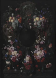 Steinkartouche med frukt- og blomsterkrans