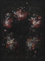 Steinkartouche med frukt- og blomsterkrans