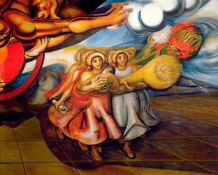 Meksikanske kvinner, med barna sine og produktene av deres arbeid, marsjerer for å kreve rettighetene deres, fra syklusen "Det meksikanske folket krever sosial sikkerhet" (fresco)