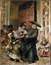 ""Forlater messen"": to kvinner undersøker magen til en kur ved utgangen av en kirke. Maleri av Jose Denis Belgrano (1844-1917), 2. halvdel av 1800-tallet. Olje på lerret.