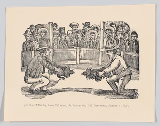 To menn på en arena som holder haner som forberedelse til kamp, spe..., ca 1890-1910 gjengitt 1964.