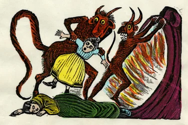 José Guadalupe Posada (1852–1913). Josephina Lora blir dratt til helvete av en djevel. Akvarellxylografi, Mexico