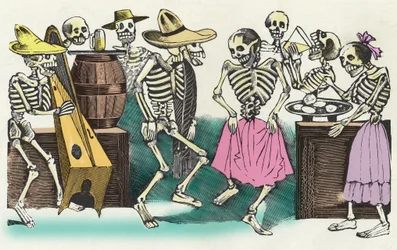 De levende døde: «Gran Fandango y Francachela de todas las Calaveras», xylografi av José Guadalupe Posada (1852–1913) som illustrerer festlighetene på De dødes dag (1. november). Mexico.